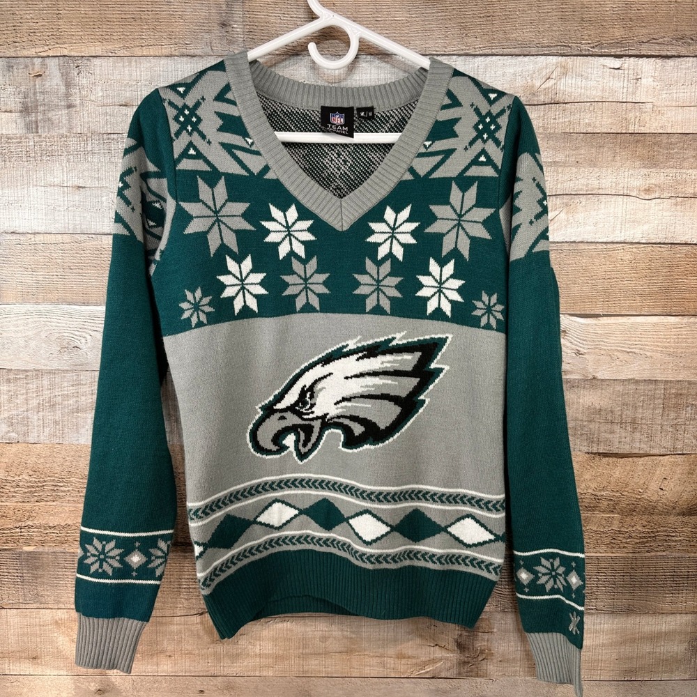 Philadelphia Eagles NFL Team Apparel Womens V-Neck Fair Isle Snowflake Sweater M